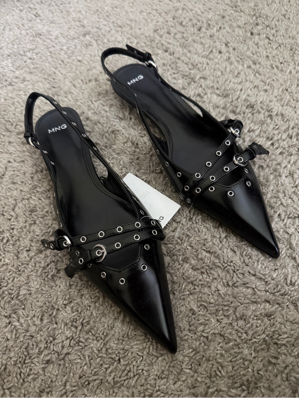 NWT Mango Black Pointed Slingback Flats with Eyelet-Strap Detail